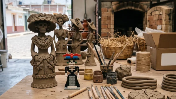 Una figura de catrina de barro de Capula junto a bloques de construcción de juguete.