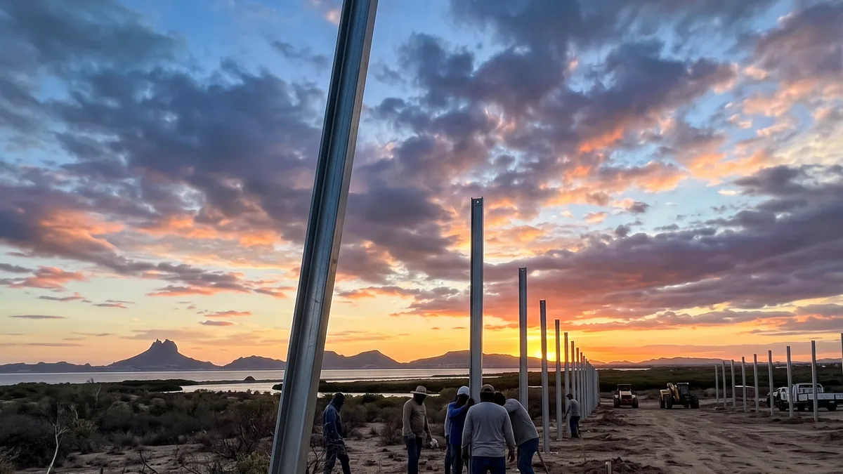 CFE instala postes para 300 MW solares en Sonora; operarán en 2027 Postes metálicos en un campo abierto bajo un cielo despejado, sugiriendo la preparación para una instalación solar.