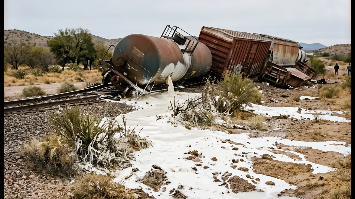 Ferromex derrama 59 mil litros de hidrosulfuro en Sonora Vagones de tren descarrilados con una sustancia derramada en el suelo.