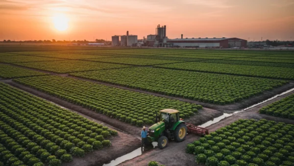 Imagen ilustrativa de lechugas frescas en un campo de cultivo, con un cielo despejado de fondo.