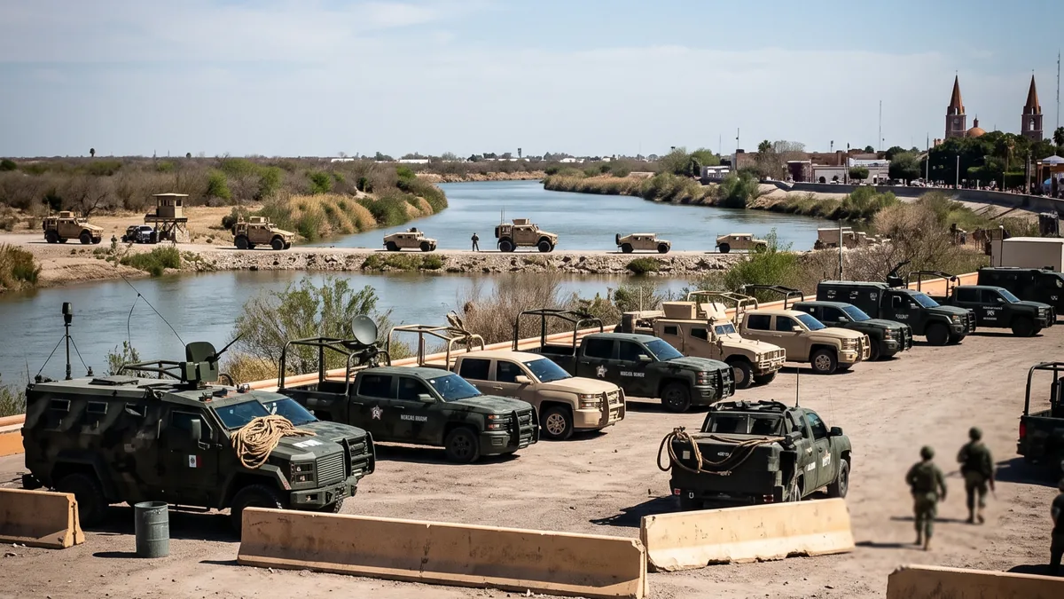 México y EE. UU. coordinan seguridad fronteriza con operaciones espejo Vista aérea de una zona fronteriza con elementos de seguridad y vehículos