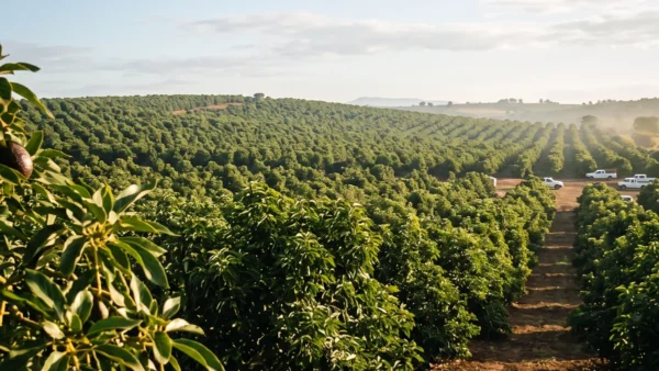 Planta de aguacate con frutos en una plantación.