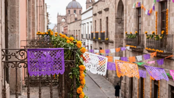 Decoraciones alusivas al Día de Muertos en un balcón del centro histórico de Morelia