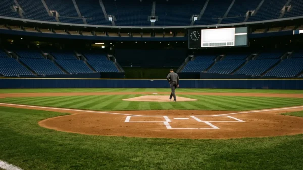 Imagen de un estadio de béisbol con luces encendidas durante un partido nocturno