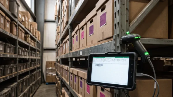 Ilustración de un almacén moderno con cajas y tecnología digital en México