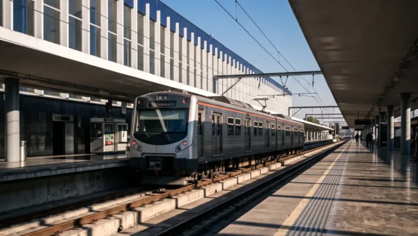 Un tren moderno en una estación, con vías y andenes visibles.