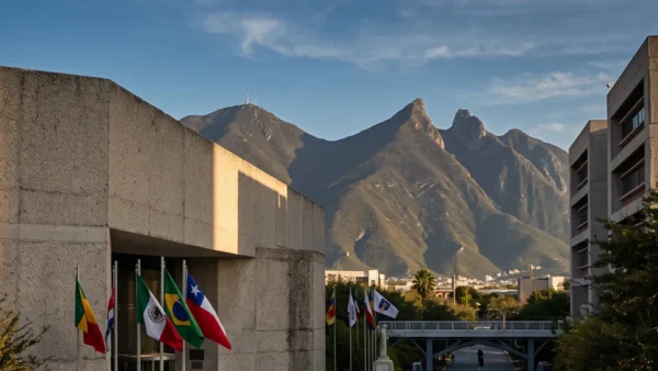 Vista aérea de un campus universitario moderno con edificios y áreas verdes