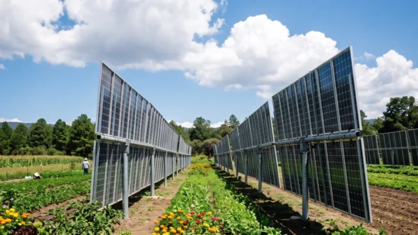 Paneles solares bifaciales en un campo agrícola en Tianguismanalco, Puebla